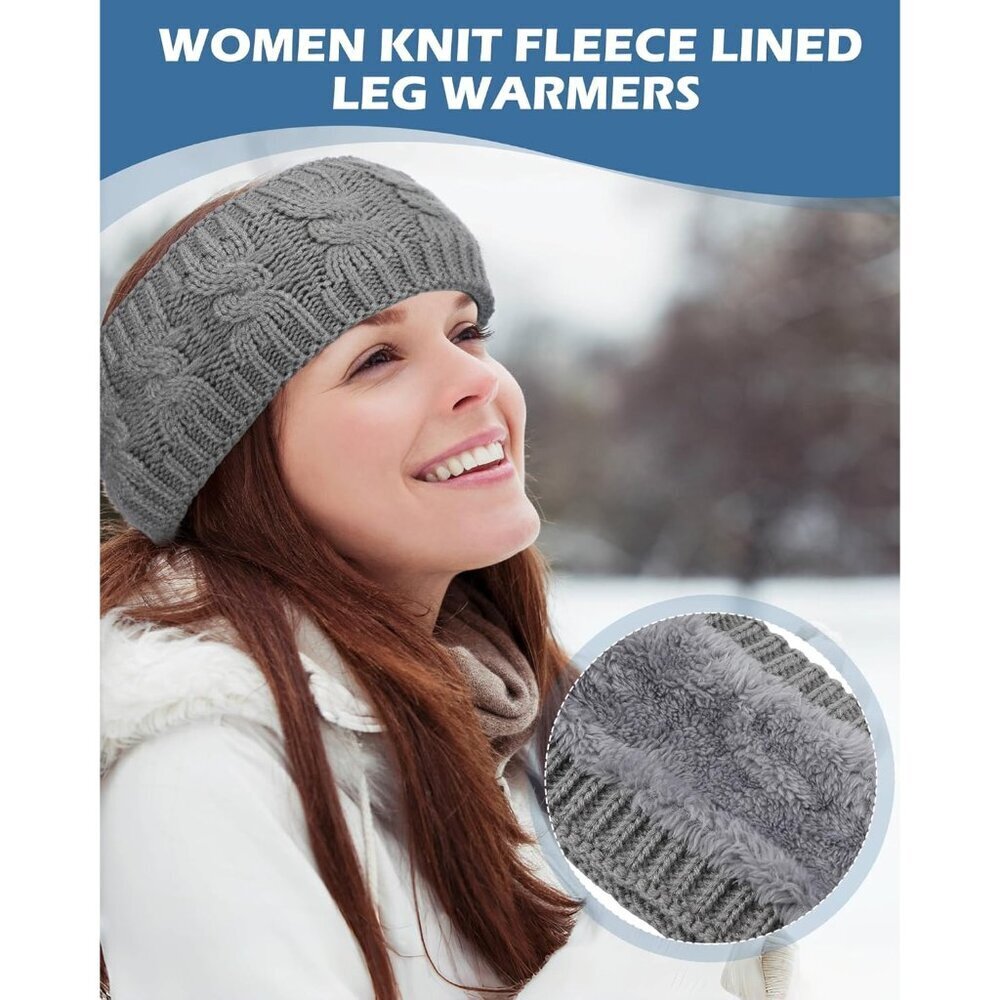 Winter Fleece Leg Warmers and Headband Set Women Girls Knit Black Gray - Picture 5 of 6